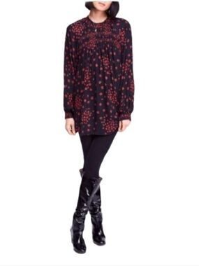 FREE PEOPLE Size XS Smocked Floral Blouse Black Red Boho Peasant Top